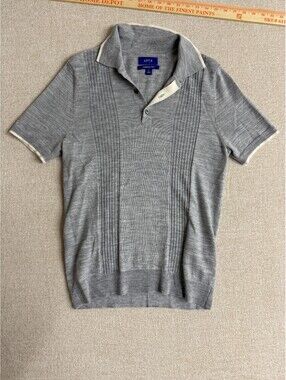 APT 9 Mens Small Heather Grey Cable Knit Short Sleeve Sweater Polo Shirt
